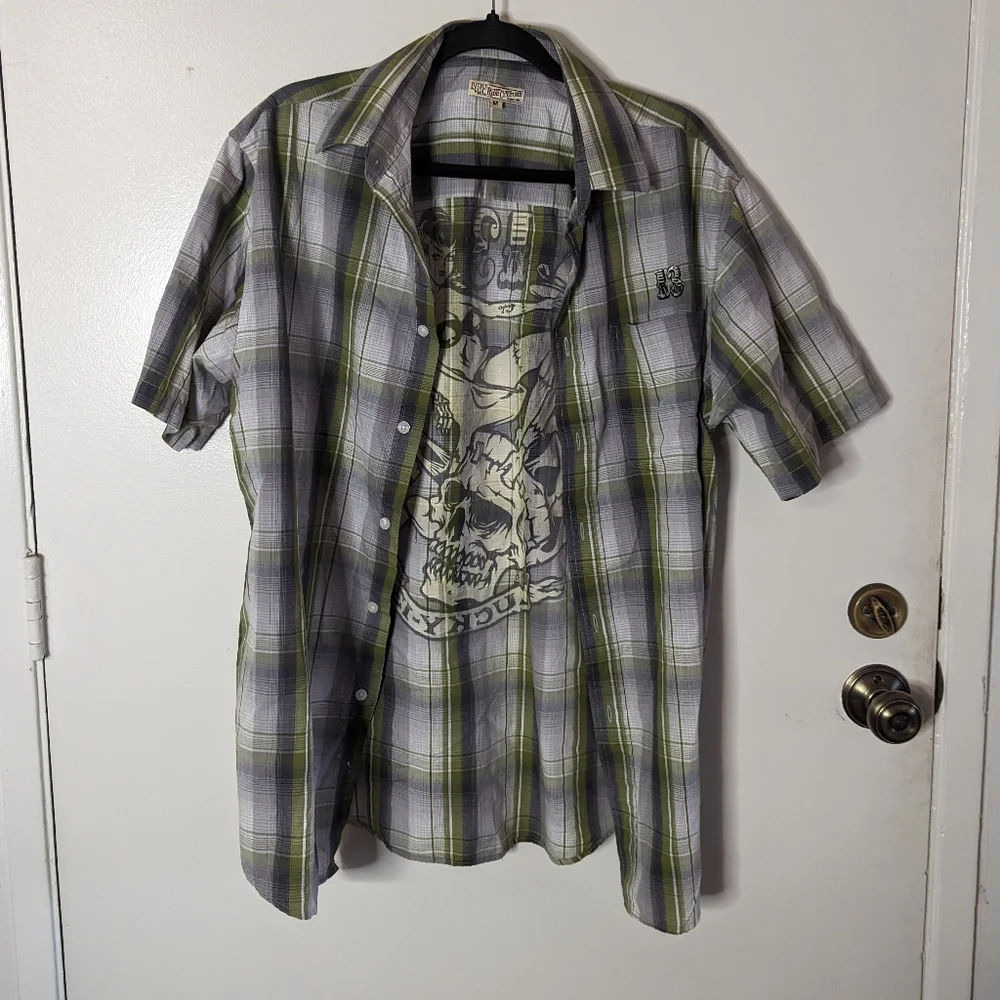 Lucky 13 zombie tiki button up shirt plaid green rockabilly retro pin up M L - Picture 2 of 12
